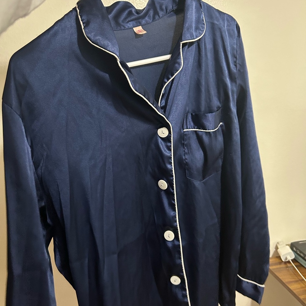 Navy Blue Satin Pajama Set with White Piping